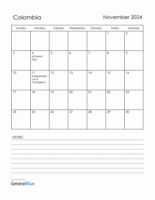 November 2024 Colombia Calendar with Holidays (Sunday Start)