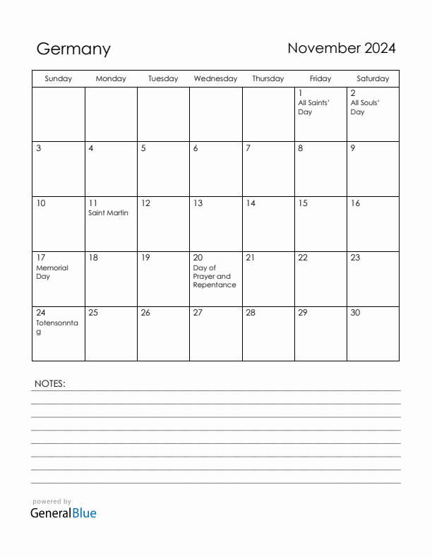 November 2024 Germany Calendar with Holidays (Sunday Start)