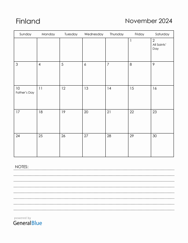 November 2024 Finland Calendar with Holidays (Sunday Start)