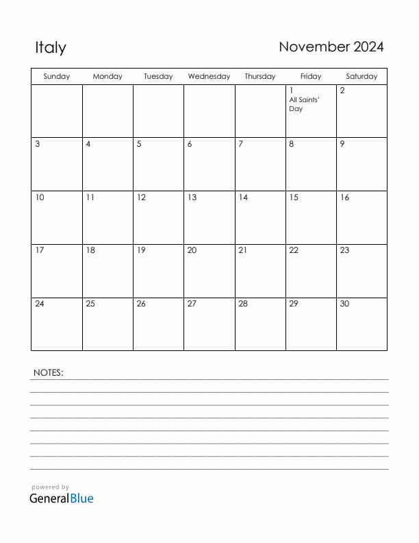 November 2024 Italy Calendar with Holidays (Sunday Start)