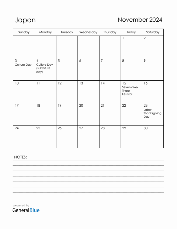 November 2024 Japan Calendar with Holidays (Sunday Start)