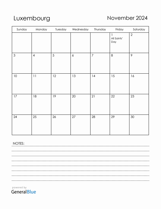 November 2024 Luxembourg Calendar with Holidays (Sunday Start)