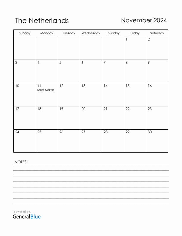 November 2024 The Netherlands Calendar with Holidays (Sunday Start)