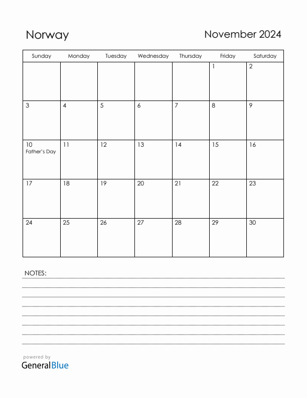 November 2024 Norway Calendar with Holidays (Sunday Start)