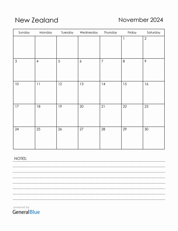 November 2024 New Zealand Calendar with Holidays (Sunday Start)