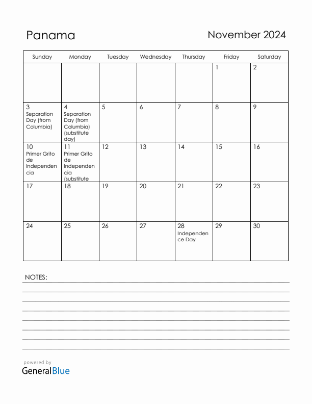 November 2024 Panama Calendar with Holidays (Sunday Start)