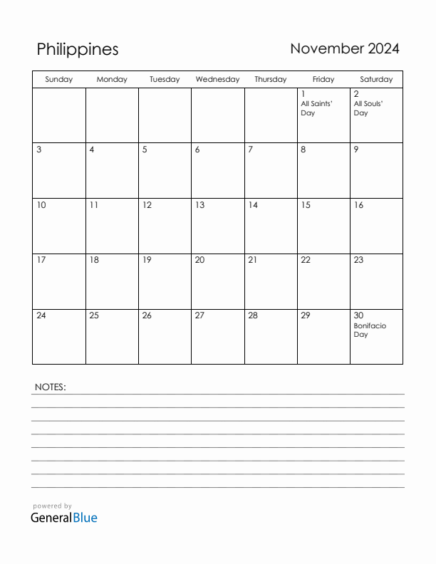 November 2024 Philippines Calendar with Holidays (Sunday Start)