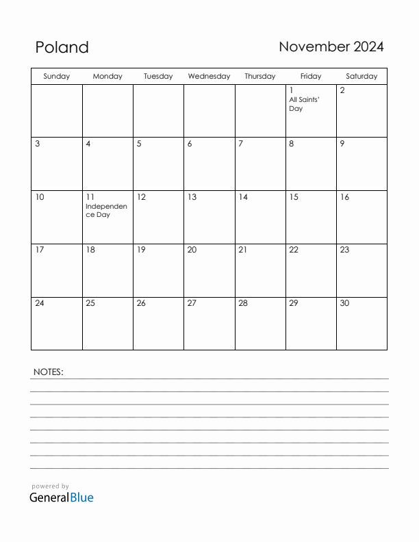 November 2024 Poland Calendar with Holidays (Sunday Start)