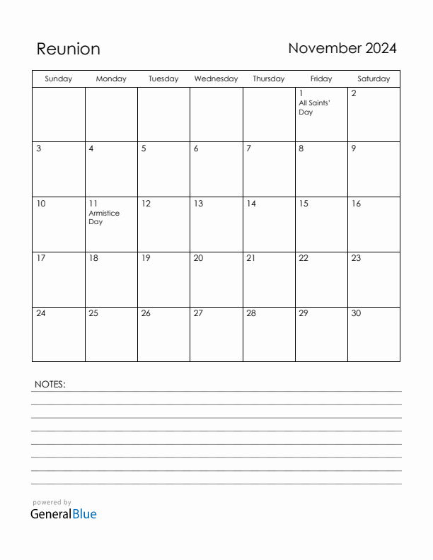 November 2024 Reunion Calendar with Holidays (Sunday Start)