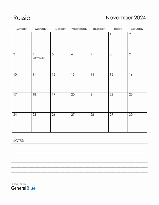 November 2024 Russia Calendar with Holidays (Sunday Start)