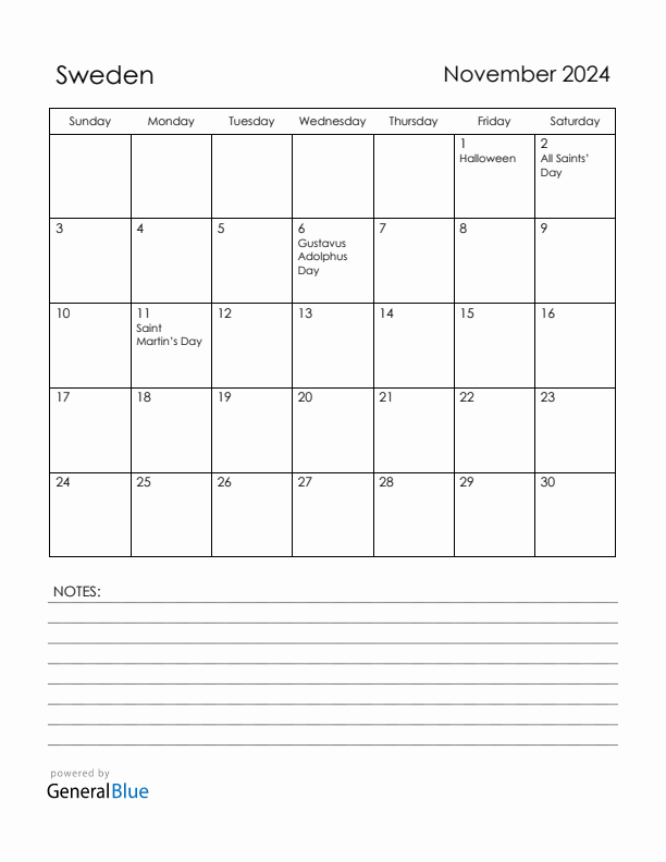 November 2024 Sweden Calendar with Holidays (Sunday Start)