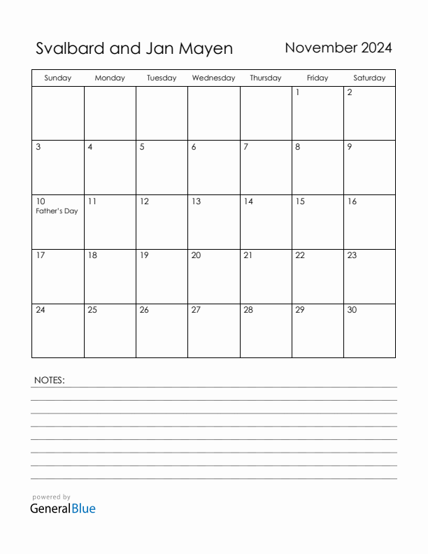 November 2024 Svalbard and Jan Mayen Calendar with Holidays (Sunday Start)