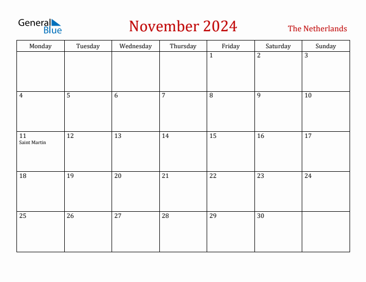 The Netherlands November 2024 Calendar - Monday Start