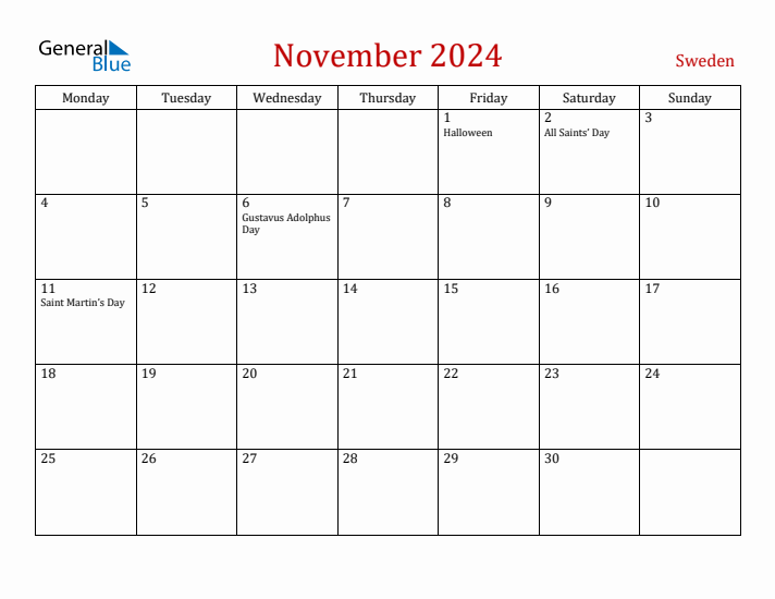 Sweden November 2024 Calendar - Monday Start