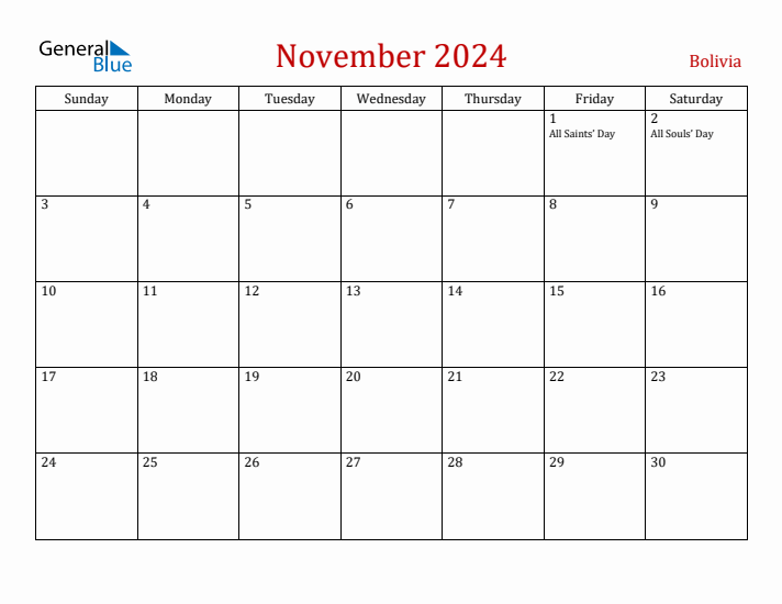 Bolivia November 2024 Calendar - Sunday Start