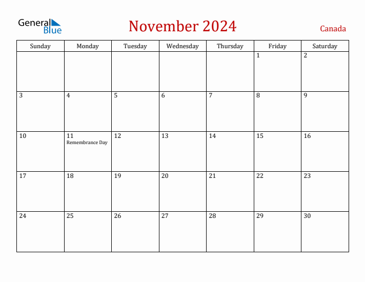 Canada November 2024 Calendar - Sunday Start