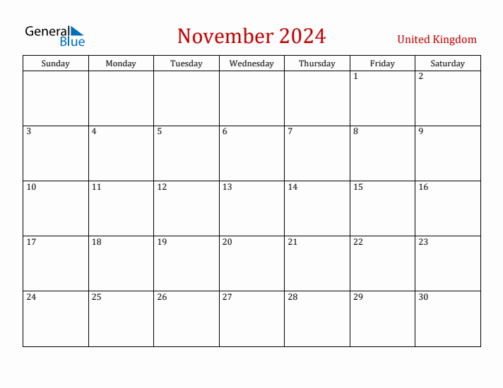 United Kingdom November 2024 Calendar - Sunday Start