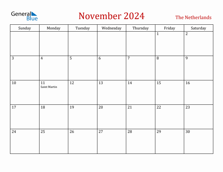 The Netherlands November 2024 Calendar - Sunday Start