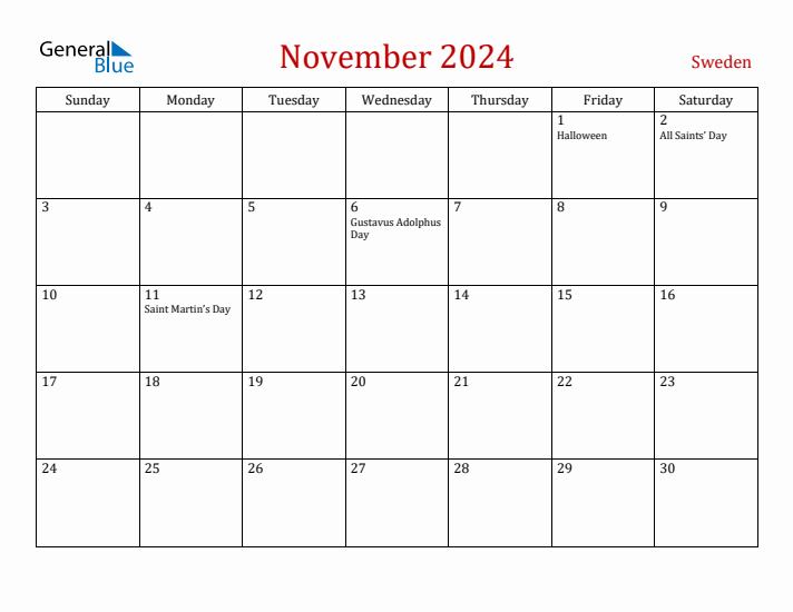 Sweden November 2024 Calendar - Sunday Start