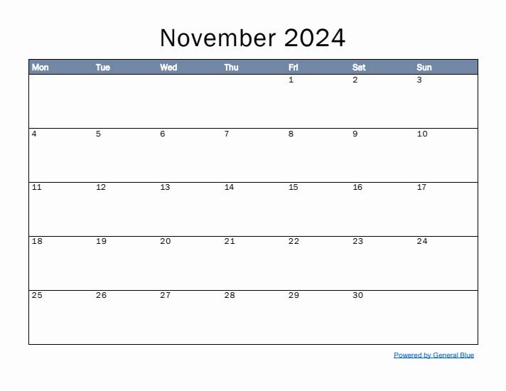 November 2024 Simple Month Calendar Template