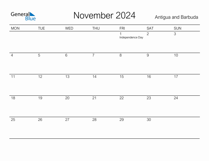 Printable November 2024 Calendar for Antigua and Barbuda