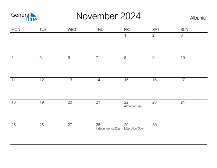 Printable November 2024 Calendar for Albania