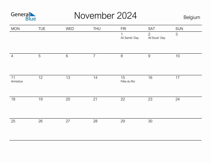 Printable November 2024 Calendar for Belgium