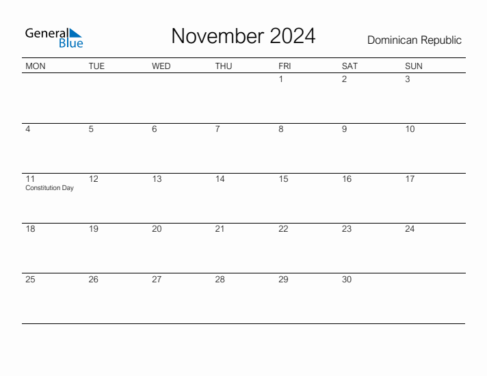 Printable November 2024 Calendar for Dominican Republic