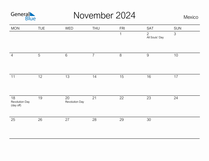 Printable November 2024 Calendar for Mexico