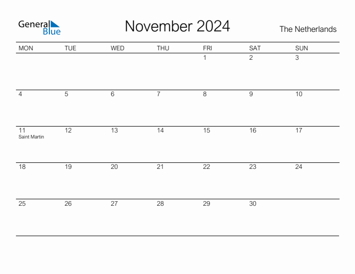 Printable November 2024 Calendar for The Netherlands