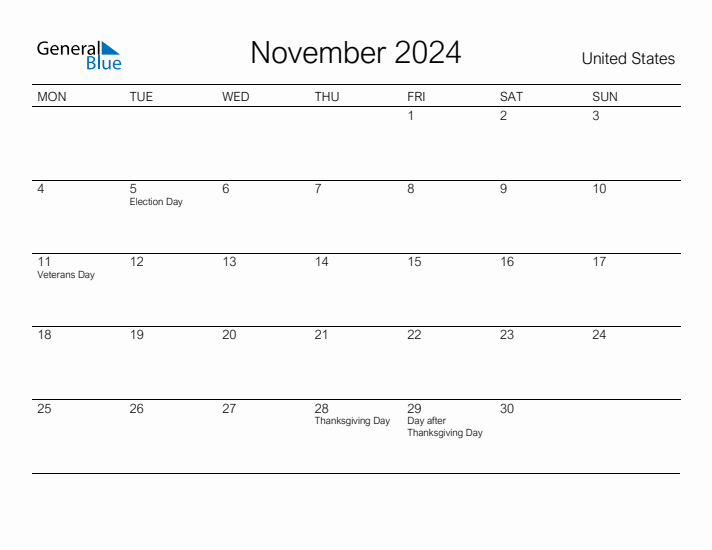 Printable November 2024 Calendar for United States