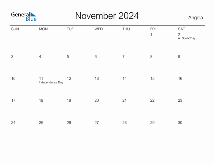 Printable November 2024 Calendar for Angola