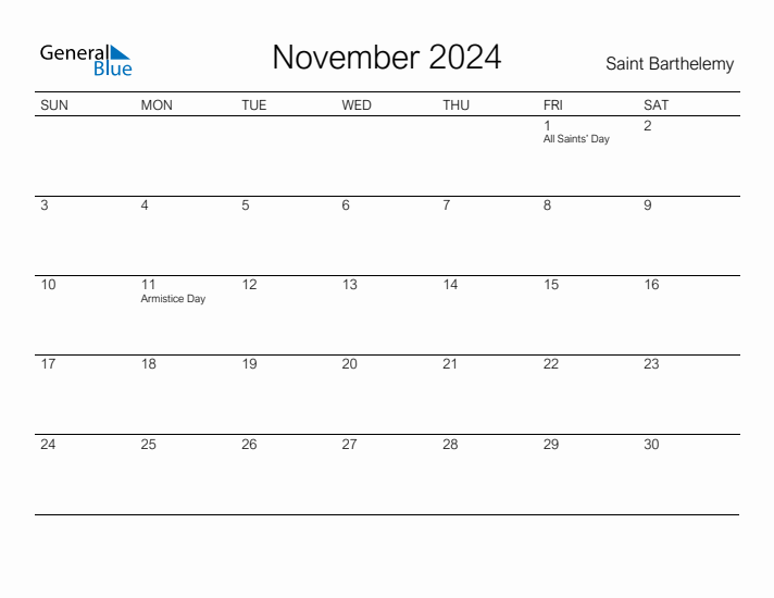 Printable November 2024 Calendar for Saint Barthelemy