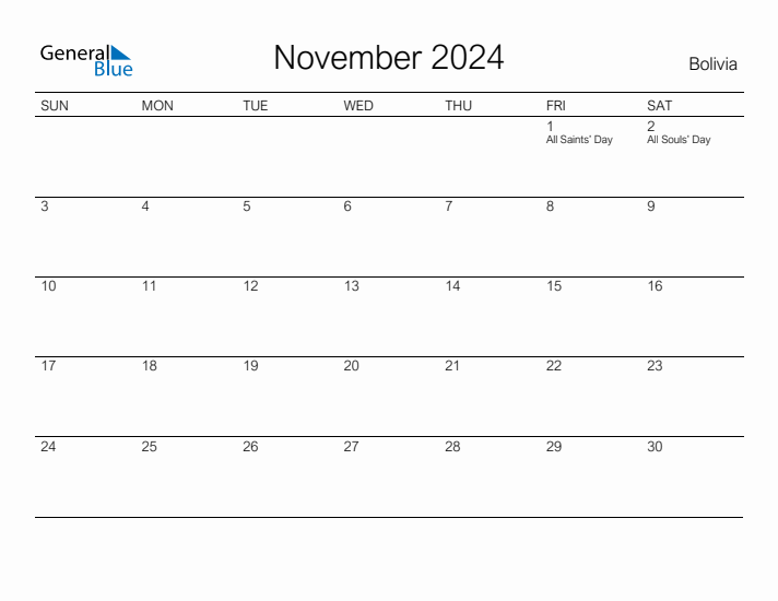 Printable November 2024 Calendar for Bolivia