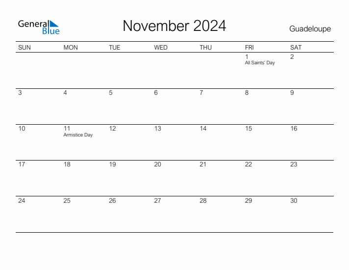 Printable November 2024 Calendar for Guadeloupe