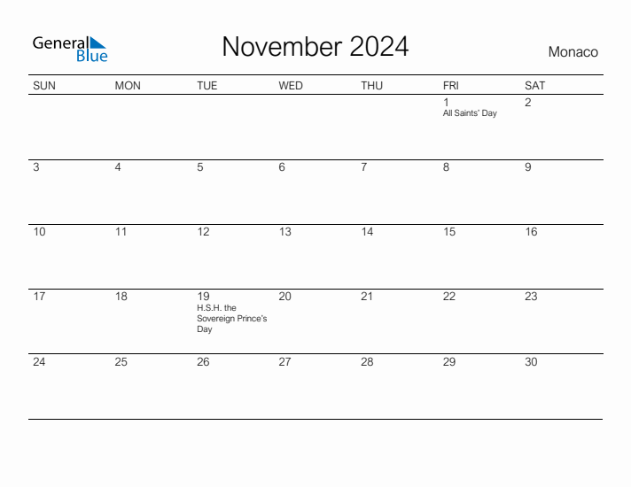 Printable November 2024 Calendar for Monaco