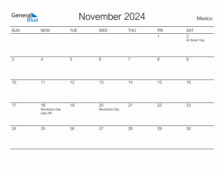 Printable November 2024 Calendar for Mexico