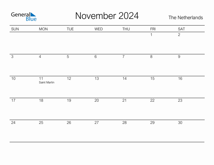 Printable November 2024 Calendar for The Netherlands