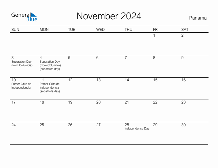 Printable November 2024 Calendar for Panama