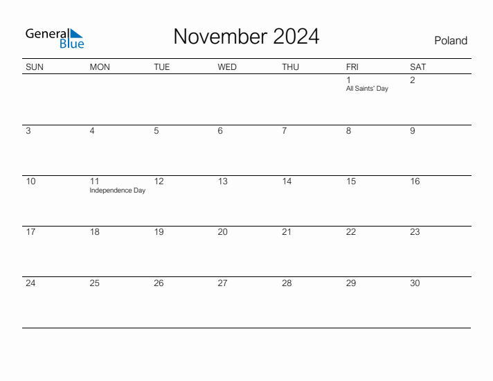 Printable November 2024 Calendar for Poland