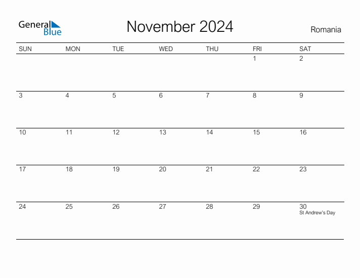 Printable November 2024 Calendar for Romania