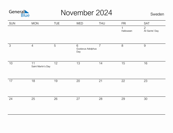 Printable November 2024 Calendar for Sweden