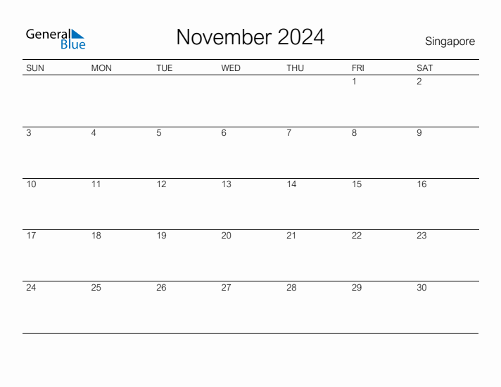 Printable November 2024 Calendar for Singapore