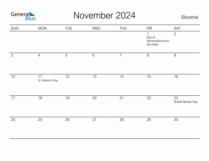 Printable November 2024 Calendar for Slovenia