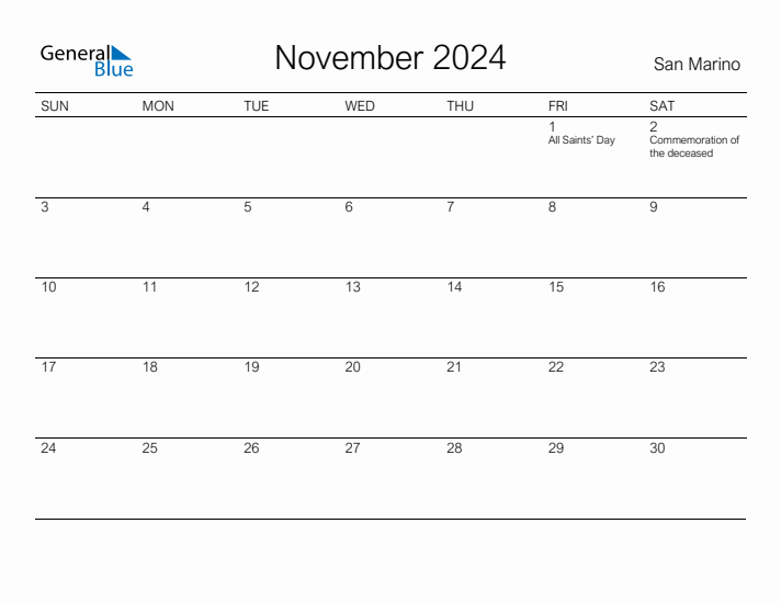 Printable November 2024 Calendar for San Marino