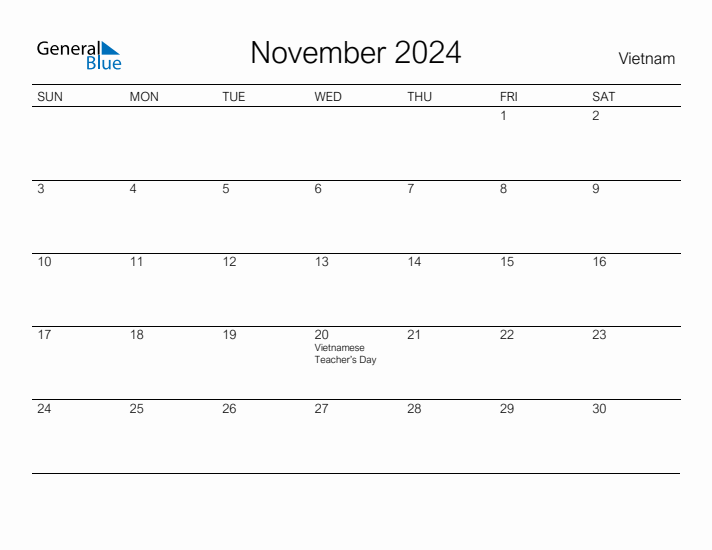 Printable November 2024 Calendar for Vietnam