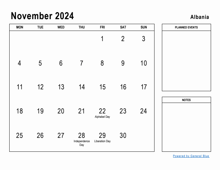 November 2024 Printable Monthly Calendar with Albania Holidays