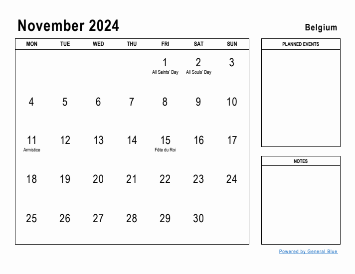 November 2024 Printable Monthly Calendar with Belgium Holidays