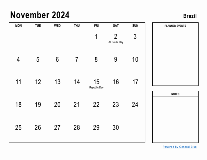 November 2024 Printable Monthly Calendar with Brazil Holidays