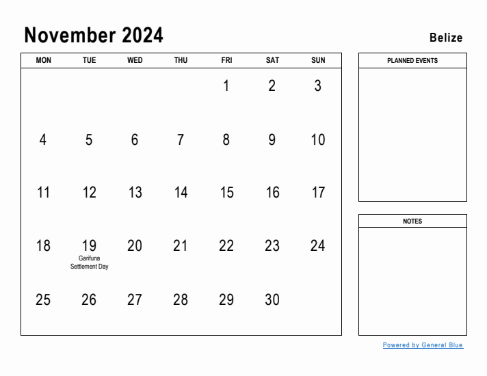 November 2024 Printable Monthly Calendar with Belize Holidays